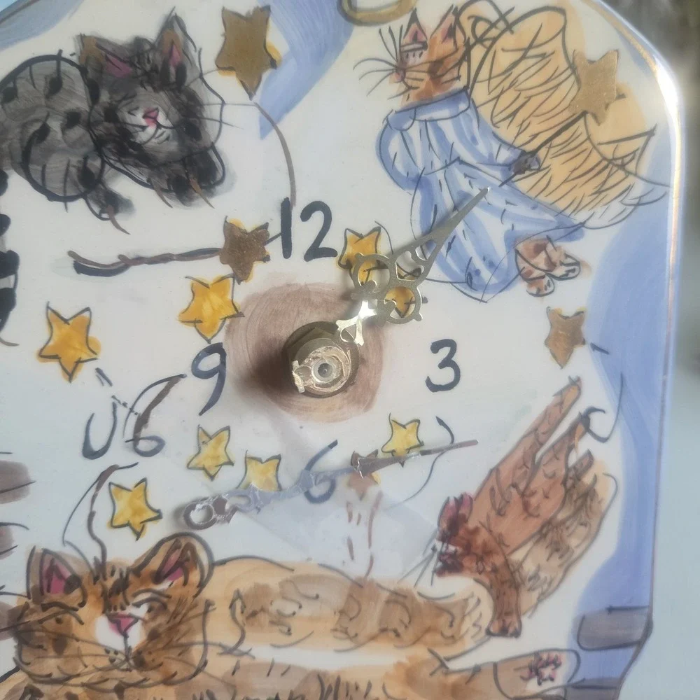 VTG Blue Sky Clayworks CATS Wall Clock Hand Painted Heather Goldminc READ